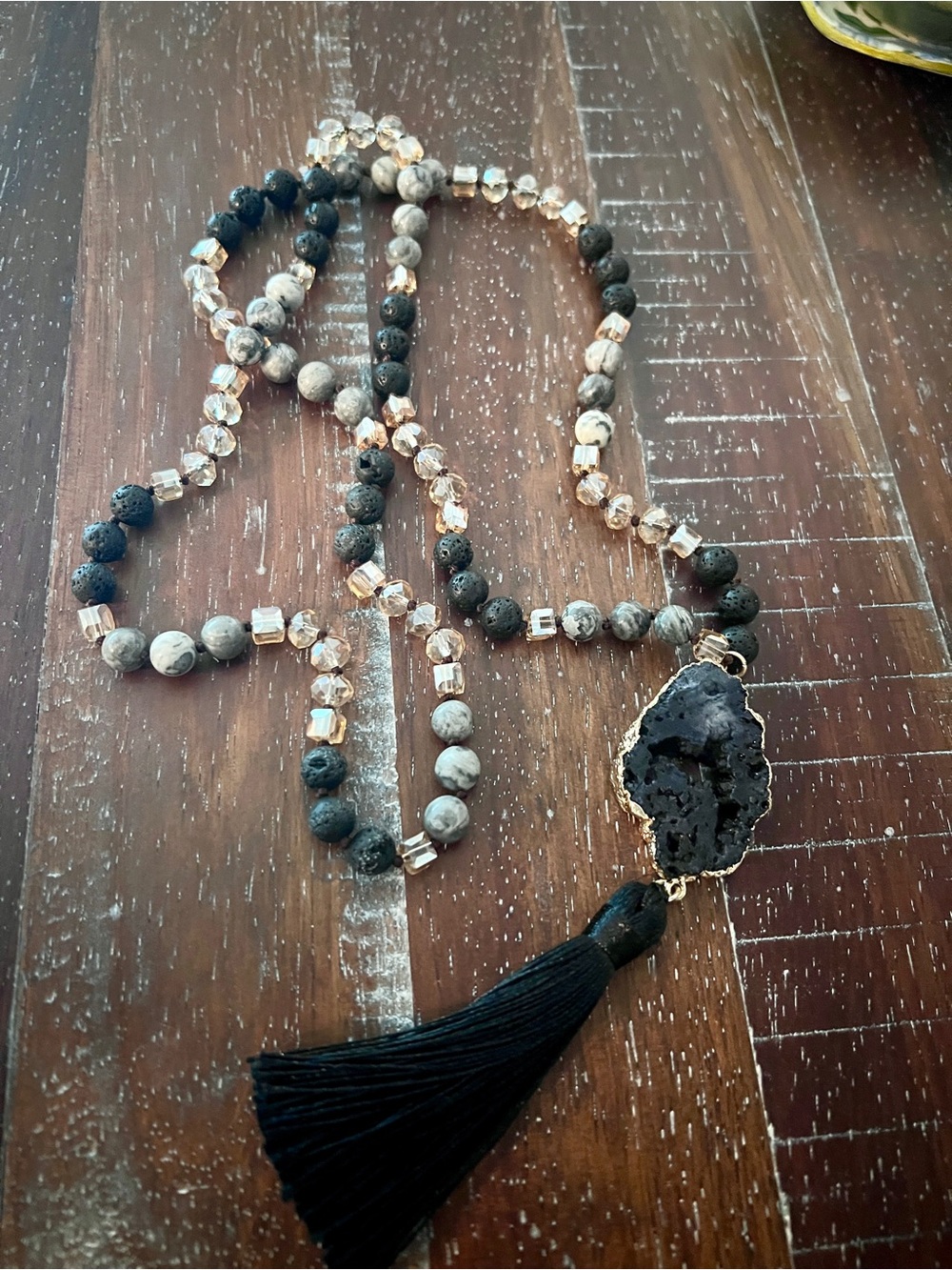 Black Druzy Tassel Beaded Necklace - Women Jewelry